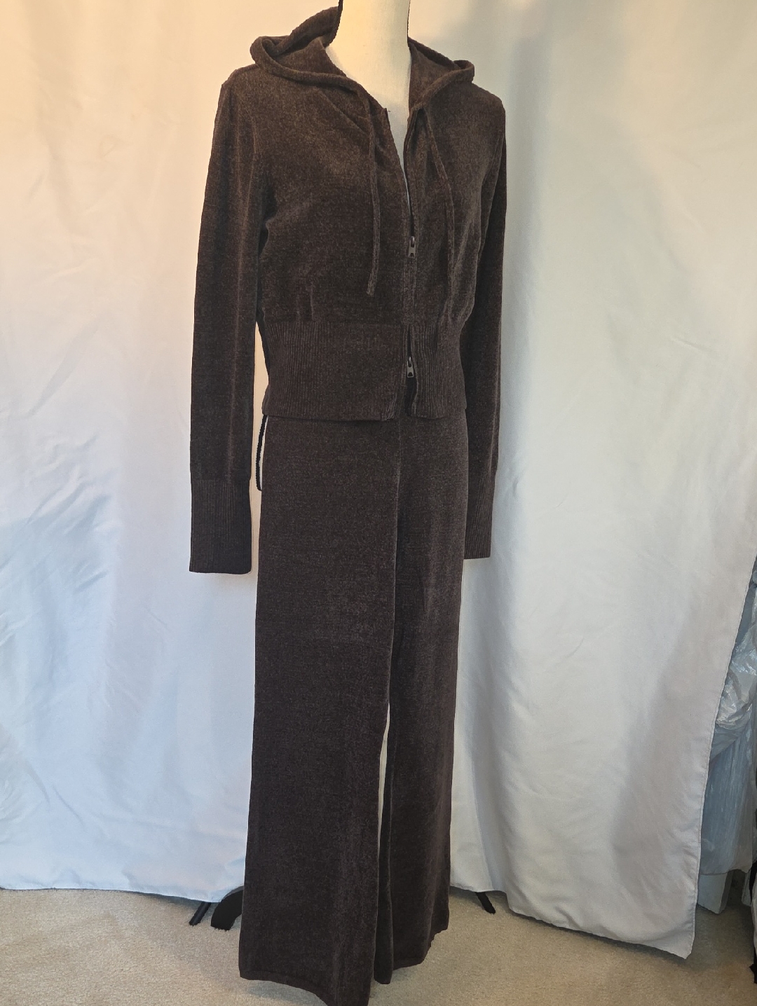 No Boundaries Dark Brown Velour Wide Leg Jumpsuit With Hood